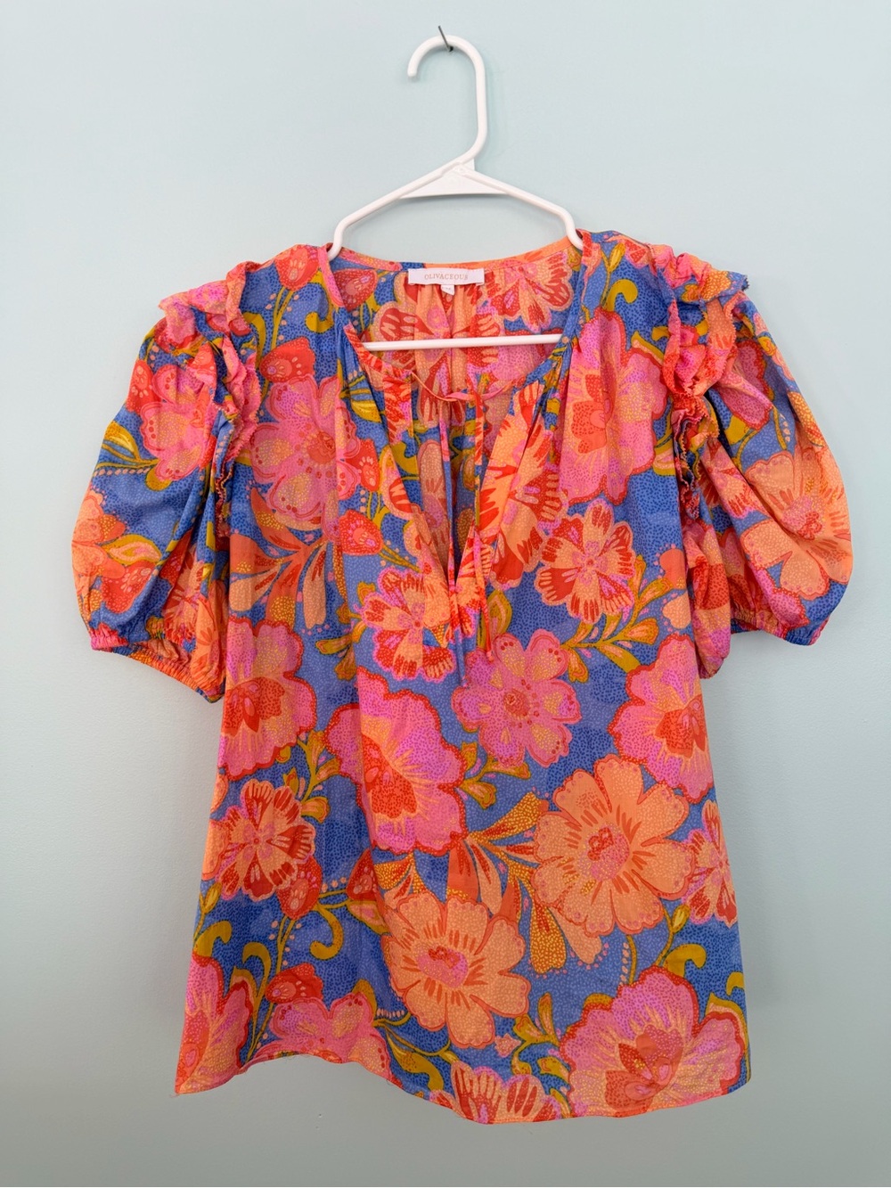 Olivaceous Pink & Blue Floral Puff-Sleeve Top